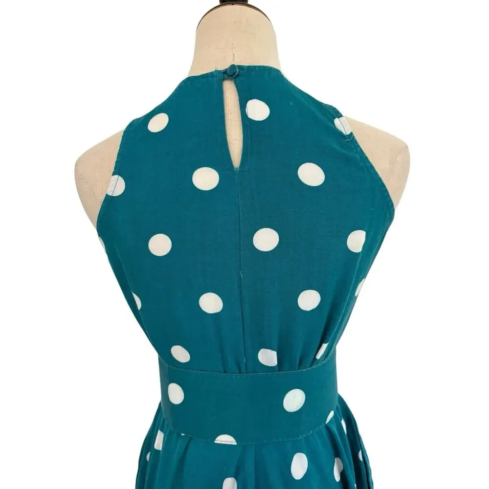Vtg‎ 80s Brooks Atelier NY Teal Polka Dot Dress W/ Belt Halter Neck Xs Old Money